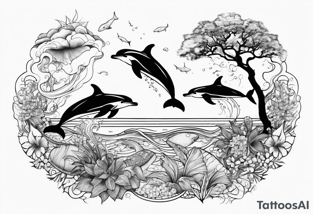 Dolphins beach ocean flowers trees turtles tattoo idea