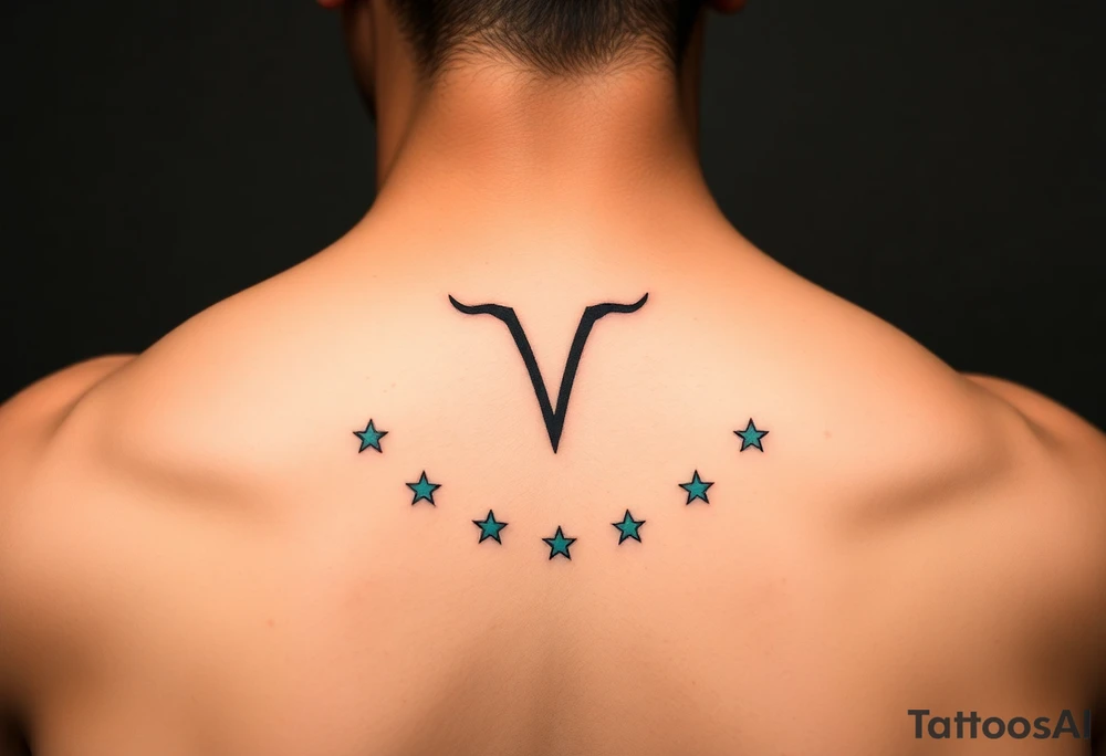 A minimalist Virgo sign in burnt sienna is followed by a sweeping arc of teal stars forming the constellation. tattoo idea