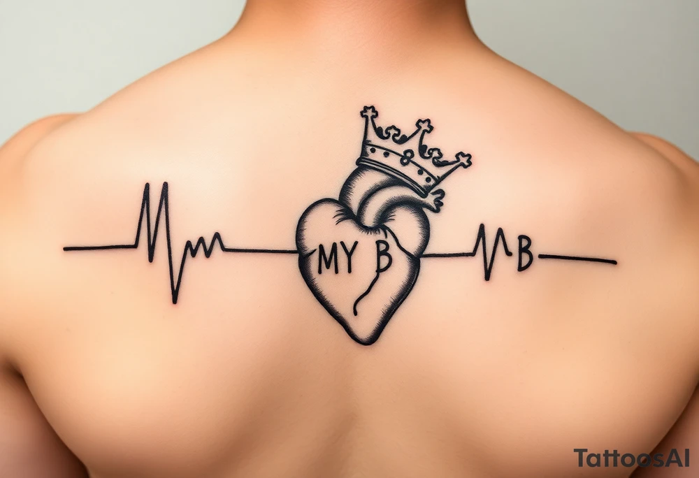 a heartbeat line with an anatomically correct heart with a crown tilted to the left ending the words "MY BB tattoo idea