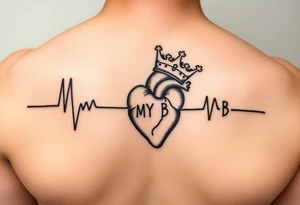 a heartbeat line with an anatomically correct heart with a crown tilted to the left ending the words "MY BB tattoo idea