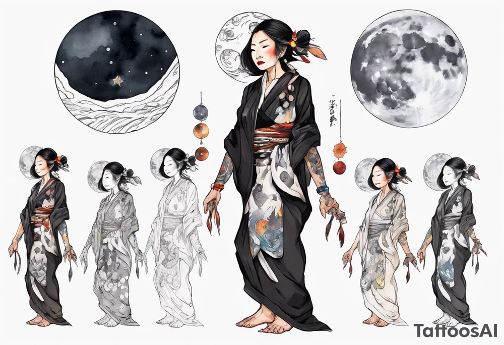 a 50-year-old indigenous woman wearing black and white robes standing on the moon tattoo idea