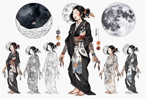 a 50-year-old indigenous woman wearing black and white robes standing on the moon tattoo idea