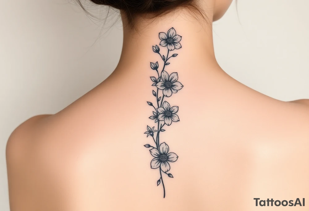 Delicate flowers vertically down the spine tattoo idea