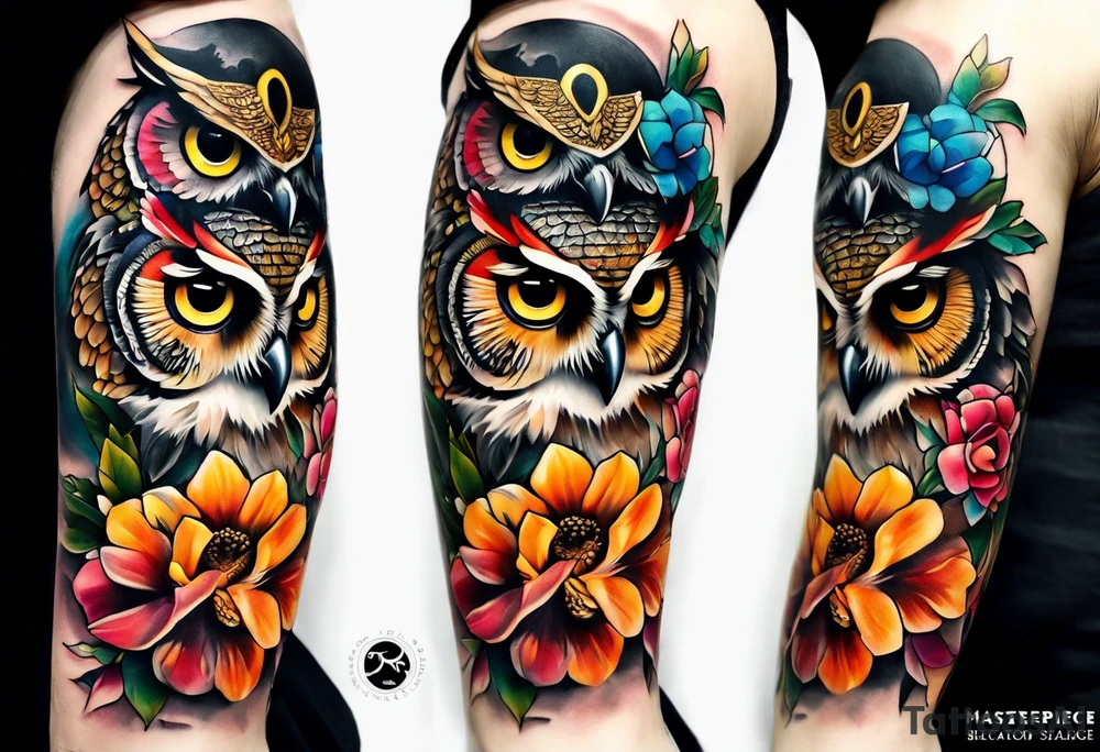 A lower forearm sleeve full colour coming down from a bicep with flowers joined with honeycombs, Mandela flowers, and owl. tattoo idea