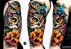 A lower forearm sleeve full colour coming down from a bicep with flowers joined with honeycombs, Mandela flowers, and owl. tattoo idea