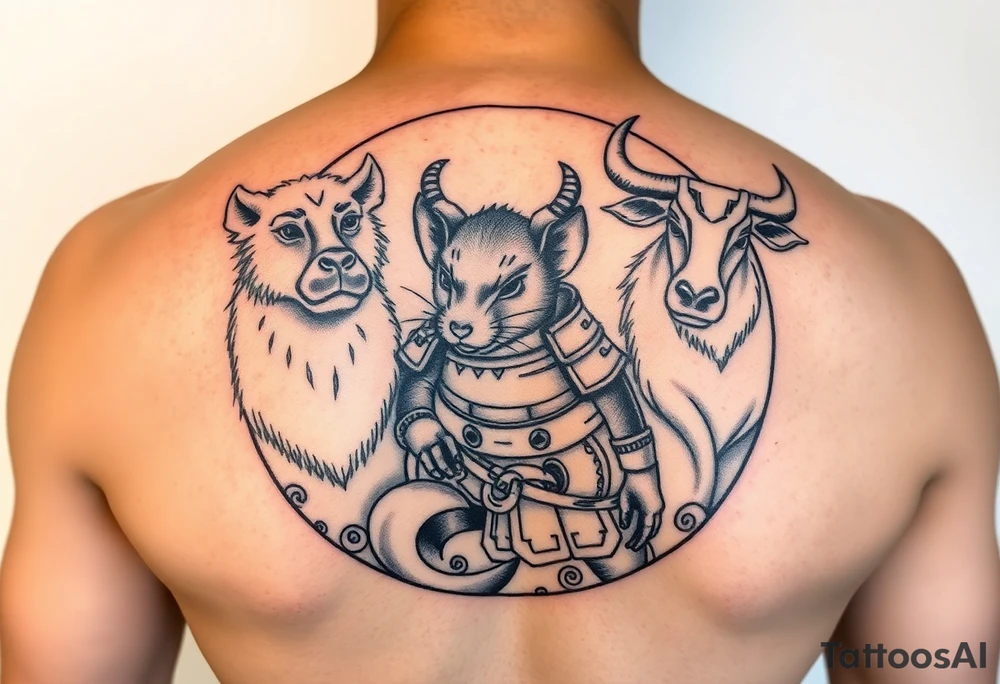 Japanese style tattoo consisting zodiac animals: rat(in the middle) dressed up samurai warrior style with with dog, goat, and ox surrounding the rat dressed up Samurai warrior style all fitting into a round shape without circle outline tattoo idea