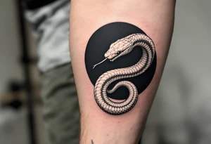 A white osnake eating its own tail on a black circular background, symbolizing eternal safety. tattoo idea