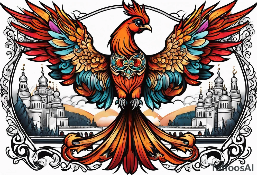 russian firebird with fancy tail and small onion cap monastery towers in background tattoo idea