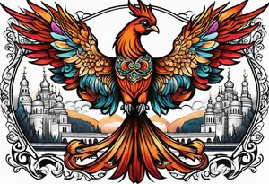 russian firebird with fancy tail and small onion cap monastery towers in background tattoo idea
