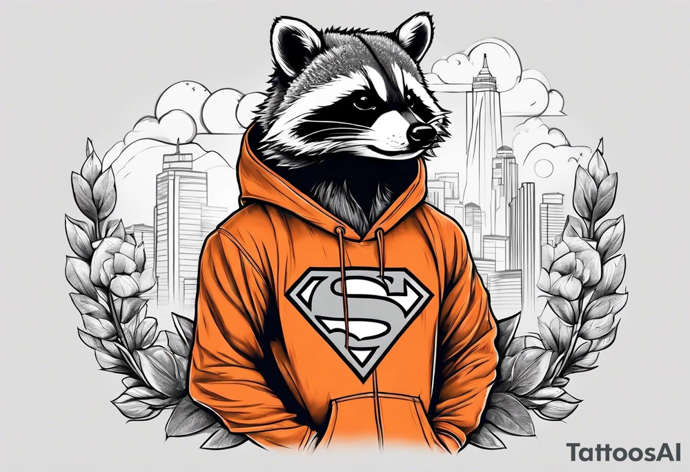 Raccoon wearing an orange Superman hoodie tattoo idea