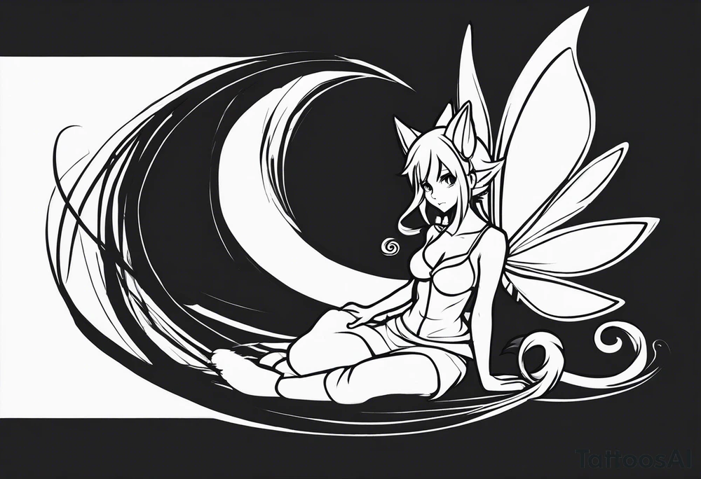 No color sketch of a fairy with a tail inspired by the guild symbol in the anime show called Fairy Tail in a fetal position leaning in and forward while crawled in tattoo idea