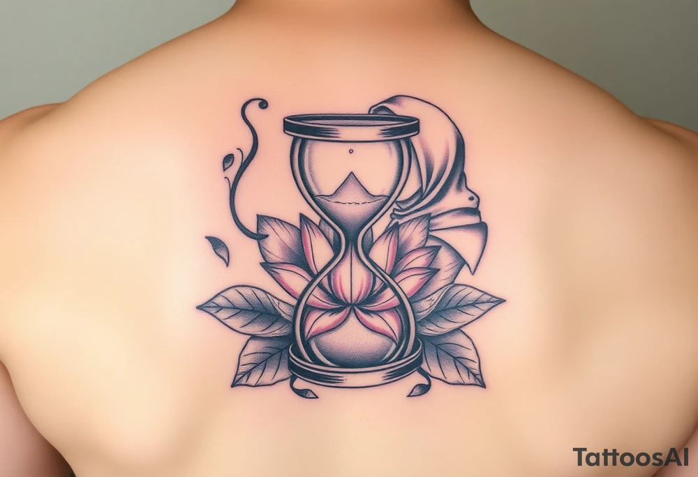 Broken hour glass with a lotus flower and woman with hijab in background tattoo idea