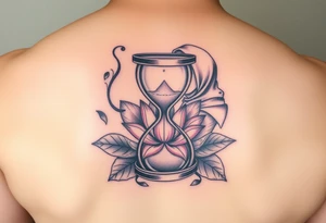 Broken hour glass with a lotus flower and woman with hijab in background tattoo idea