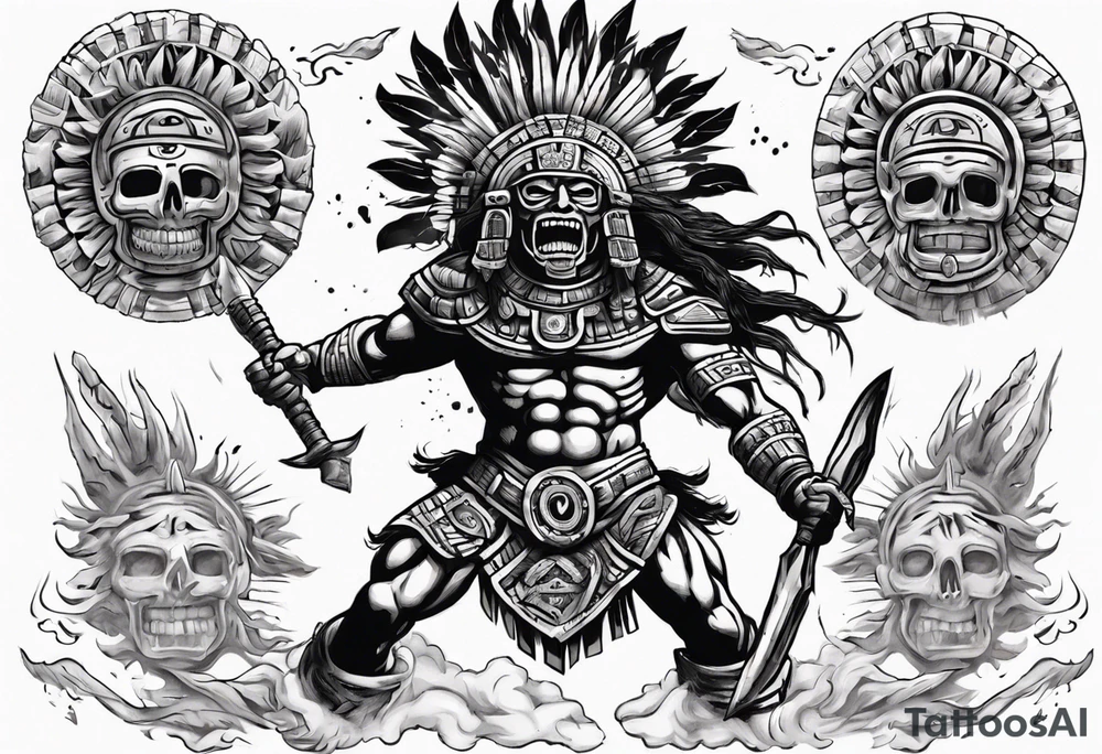 Giant aztec death god warrior fighting as the sun in going in the air tattoo idea