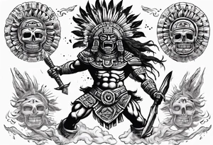Giant aztec death god warrior fighting as the sun in going in the air tattoo idea