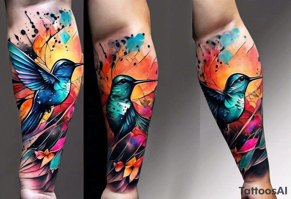 large forearm tattoo with lines, splatters, abstract shapes, very colorful add hummingbird. open space. tattoo idea