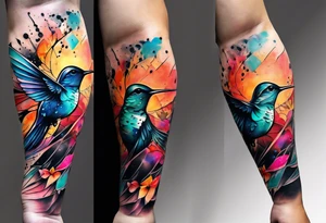 large forearm tattoo with lines, splatters, abstract shapes, very colorful add hummingbird. open space. tattoo idea