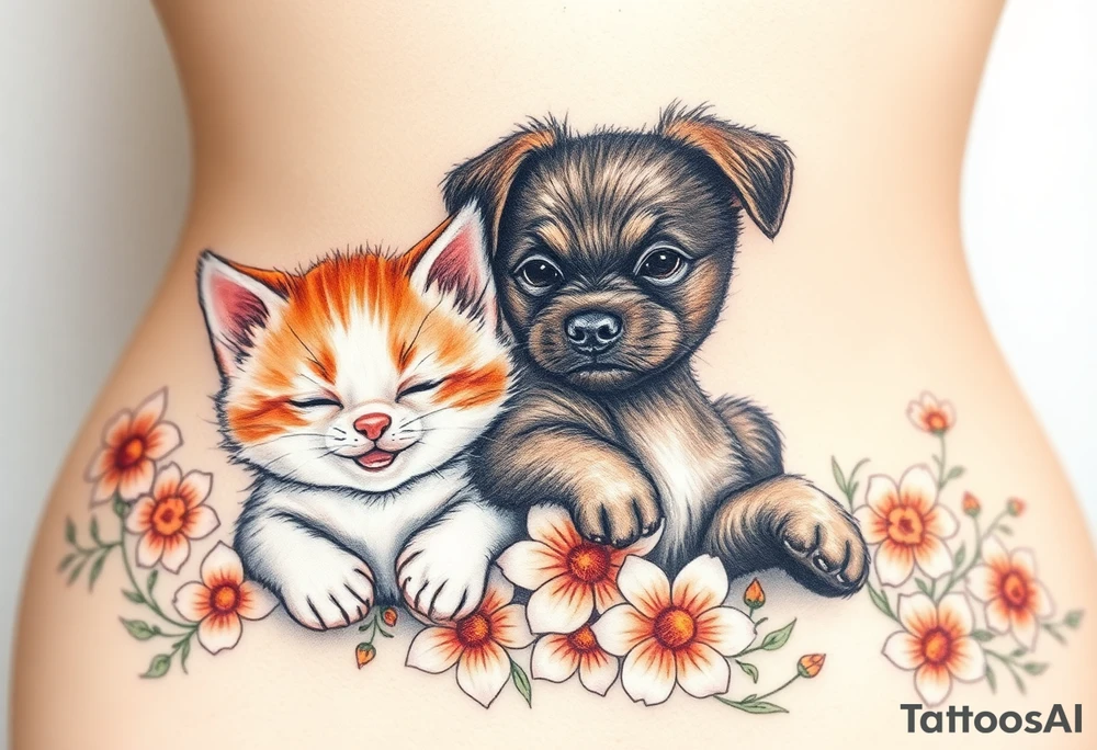 A white and orange kitten happy as can be I can even see a smile while a dark brown short hair puppy full of love and joy rolling around in a bed of flowers together tattoo idea