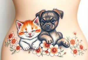 A white and orange kitten happy as can be I can even see a smile while a dark brown short hair puppy full of love and joy rolling around in a bed of flowers together tattoo idea