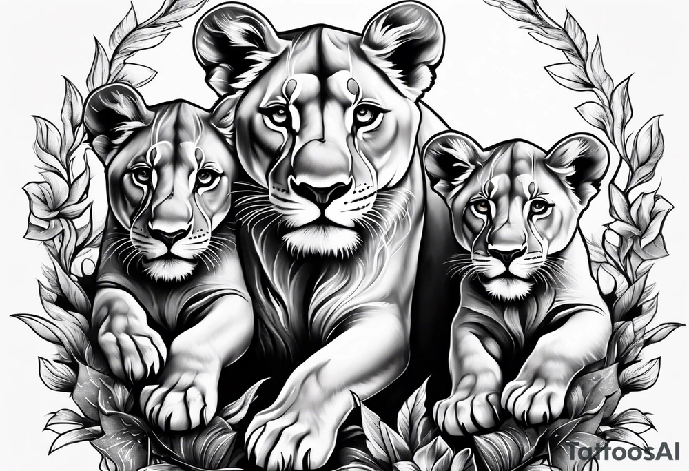 Lioness on her hind legs
 protecting her two cubs tattoo idea