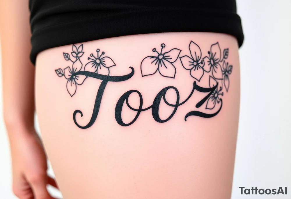 Tooz in cursive surrounded by hibiscus flowers tattoo idea