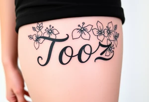 Tooz in cursive surrounded by hibiscus flowers tattoo idea