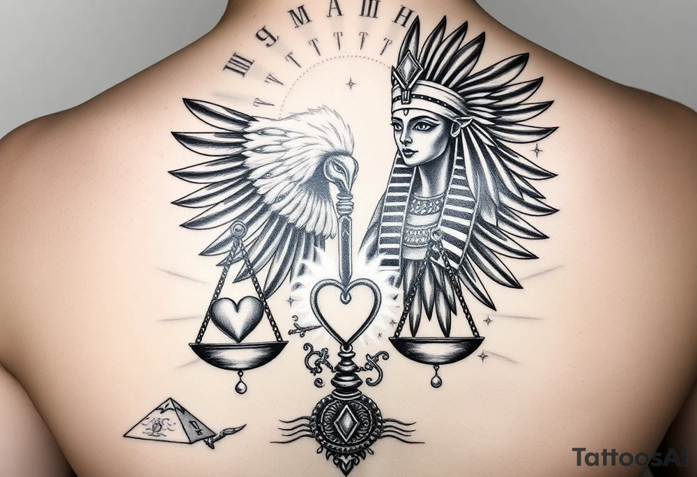 “Super realistic black and grey tattoo of the Egyptian goddess Ma’at, depicted as a regal woman with an ostrich feather headdress, intense glowing eyes, and intricate ancient Egyptian jewelry. She stands or floats amidst swirling cosmic energy and beams of light, with subtle hieroglyphics and pyramids in the background. Incorporate the Scales of Justice—one side holding a heart, the other Ma’at’s feather—glowing with ethereal energy. Emphasize dramatic lighting, deep shadows, and surreal, mystical atmosphere to match a sleeve with Anubis and cosmic motifs. Design should flow with existing sleeve art, using soft transitions and layered textures. tattoo idea