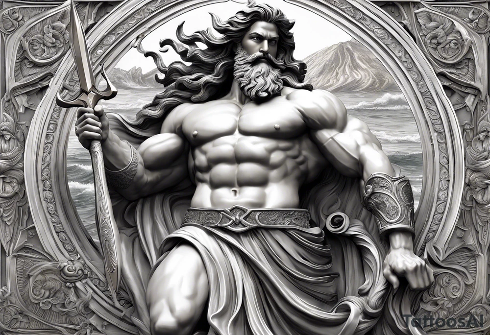 Poseidon is shown in a powerful and commanding pose, with intricate details highlighting his muscular physique and regal presence. His long, flowing beard and hair are depicted with meticulous shading, giving them a lifelike texture. The god’s eyes are intense and penetrating, capturing his divine authority.

He holds his iconic trident, detailed with sharp, defined prongs and intricate designs along the handle. The trident is positioned prominently, symbolizing his dominion over the oceans. His skin is rendered with lifelike textures, and the flowing elements of his hair and beard suggest movement, as though caught in a gust of wind.

The background is kept minimalistic and clean, focusing solely on Poseidon and his trident, allowing the detailed depiction of the god himself to stand out. The use of shadows and highlights enhances the three-dimensional effect, bringing out the strength and majesty of Poseidon in a strikingly realistic manner. tattoo idea