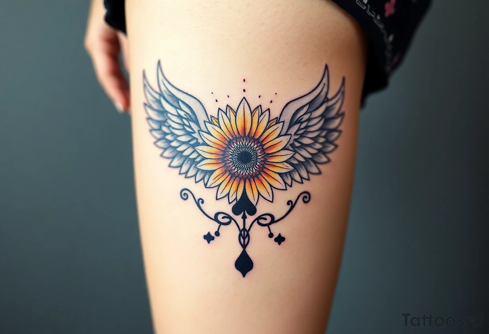 tattoo design incorporating a 2 of clubs, sunflower, wings, or halo tattoo idea