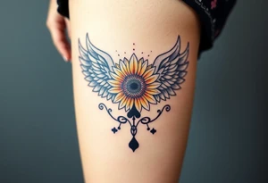 tattoo design incorporating a 2 of clubs, sunflower, wings, or halo tattoo idea