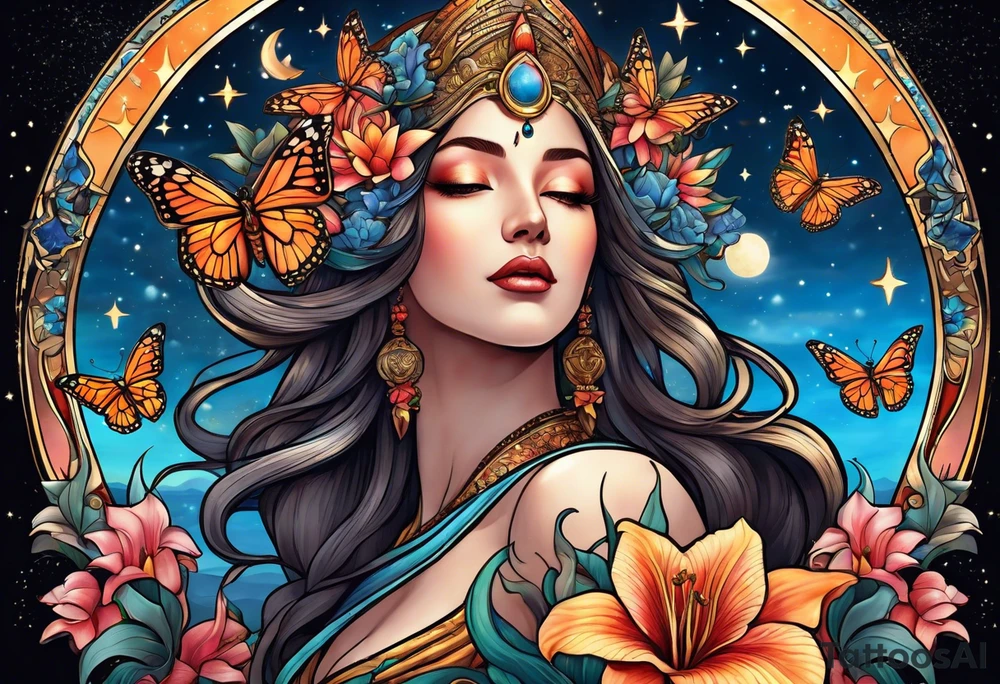 Forward-facing, portrait full length of creation goddess standing upright.  Butterflies. Lillies at feet. Arms raised and hands cupped towards sky. Sun, moon and stars in background tattoo idea
