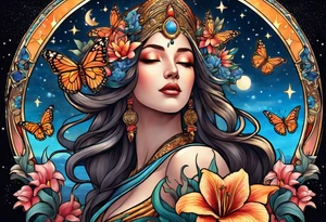 Forward-facing, portrait full length of creation goddess standing upright.  Butterflies. Lillies at feet. Arms raised and hands cupped towards sky. Sun, moon and stars in background tattoo idea