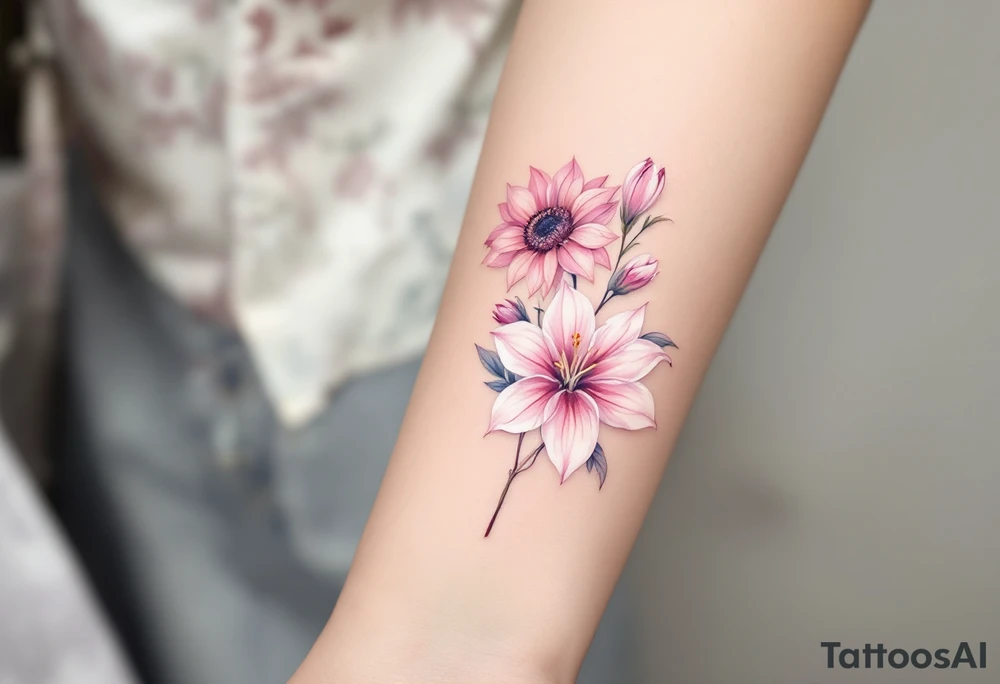 Sunflowers and stargazer lillies in pink and white in a dainty wildflower bouquet with stems tattoo idea