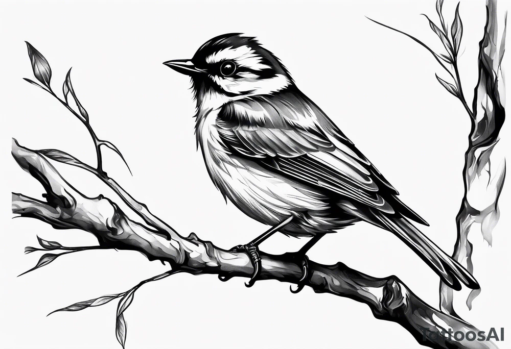 Black and white little bird, sitting on a branch. tattoo idea