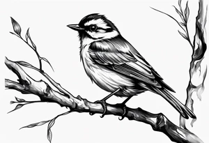 Black and white little bird, sitting on a branch. tattoo idea