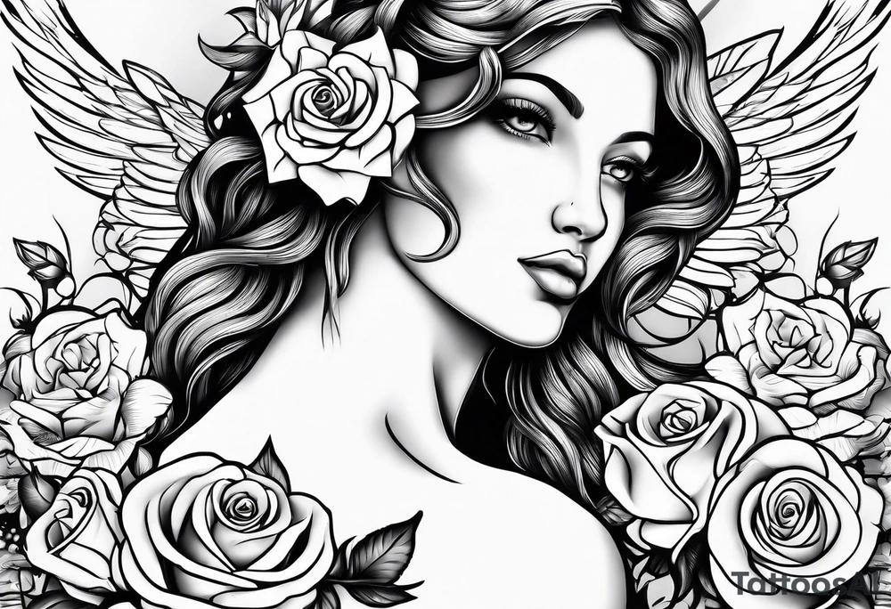 Angel, roses, name MARTINA tattoo idea