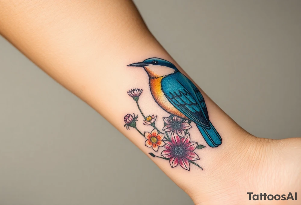 Bluebird with wild flowers tattoo idea