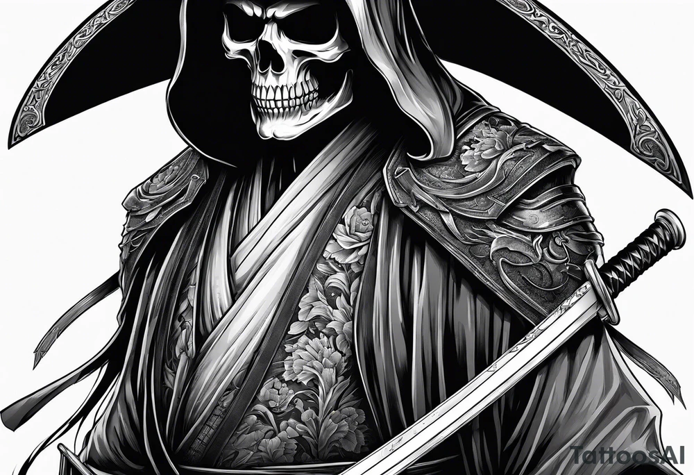 katana with grim reaper and skull tattoo idea
