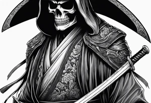katana with grim reaper and skull tattoo idea