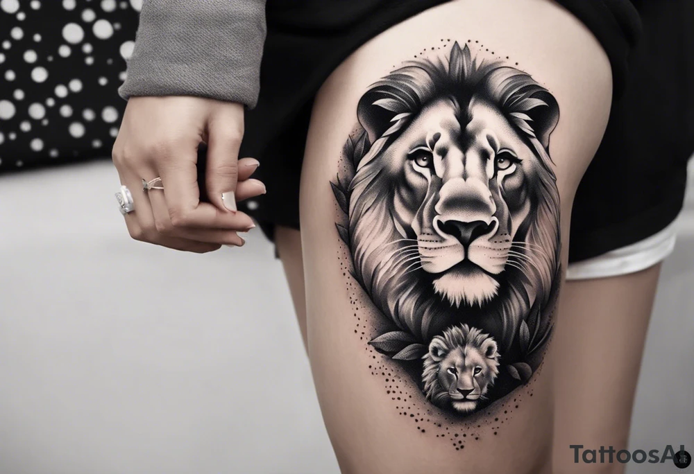 shoulder sleeve with lion and cub, landscape background tattoo idea