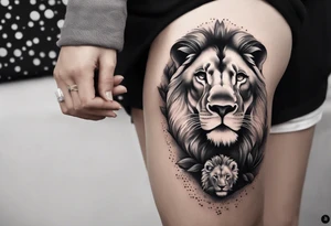 shoulder sleeve with lion and cub, landscape background tattoo idea