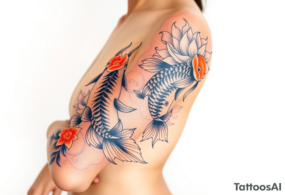 2 koi swimming upstream with tiger lily’s tattoo idea