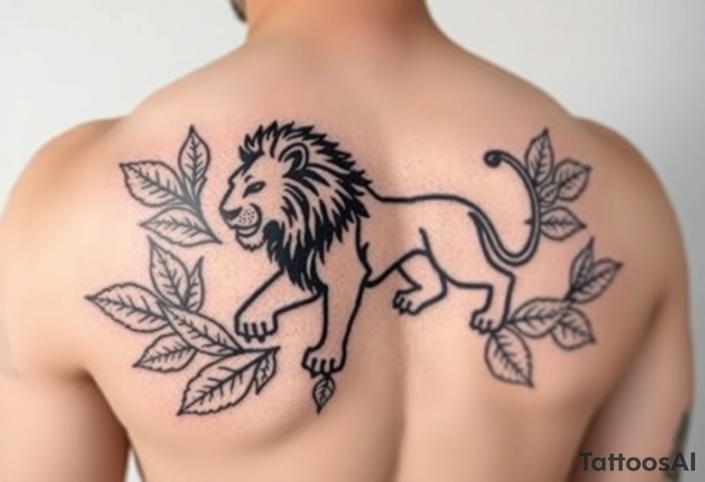 Lion abstract surrounded by leaves, black lines outlining shapes of the animal, fit onto an arm tattoo idea