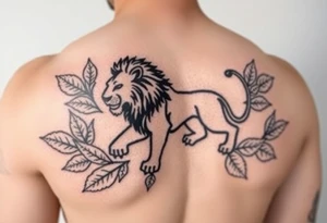Lion abstract surrounded by leaves, black lines outlining shapes of the animal, fit onto an arm tattoo idea