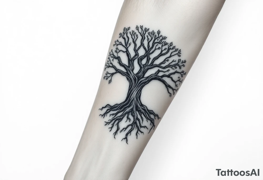Family tree with roots covering entire forearm tattoo idea