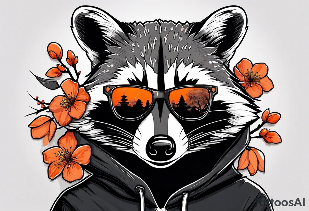 Raccoon wearing a white Superman logo on a black hoodie and orange Japanese cherry blossoms beside tattoo idea