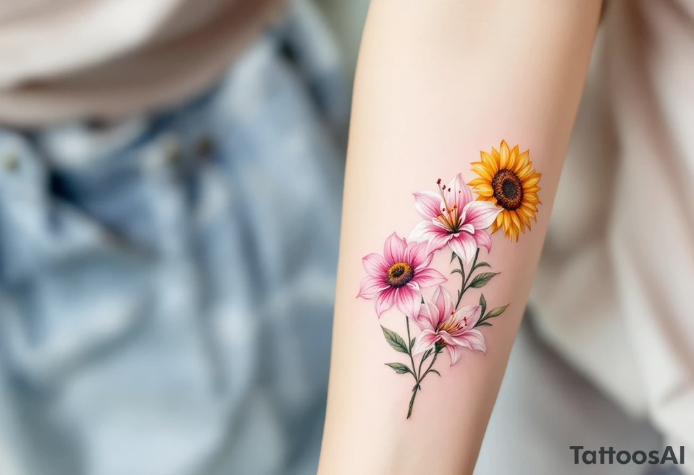 Sunflowers and stargazer lillies in pink and white in a dainty wildflower bouquet with stems tattoo idea