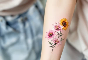 Sunflowers and stargazer lillies in pink and white in a dainty wildflower bouquet with stems tattoo idea