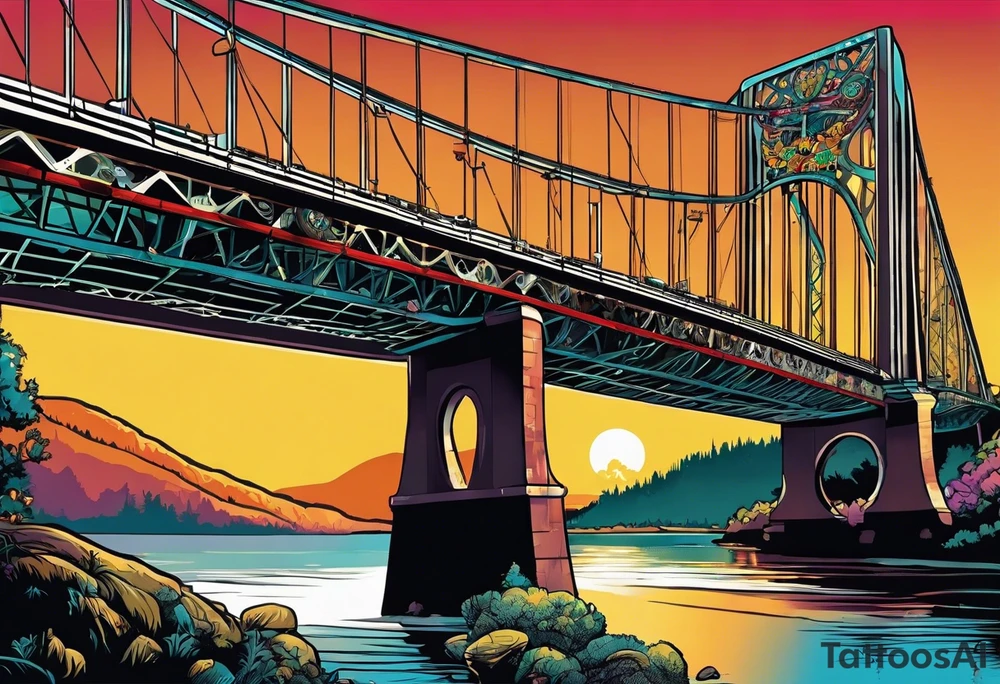 70's poster art, view from under cantilever bridge tattoo idea