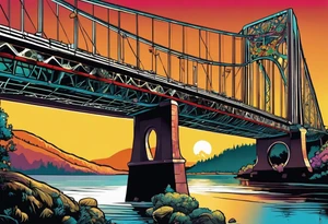 70's poster art, view from under cantilever bridge tattoo idea